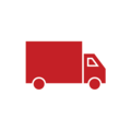 Red delivery vehicle with large wheels, symbol for shipping.