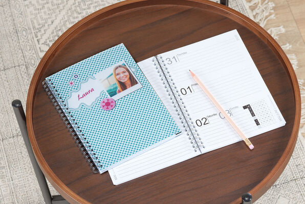 Photo date organiser, cover personalised with image, text and clipart