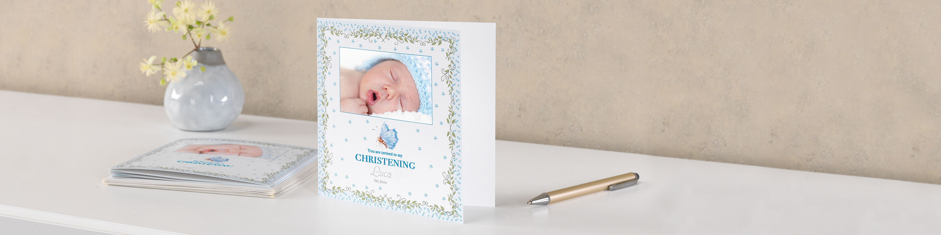 square photo greetings card for announcing christenings