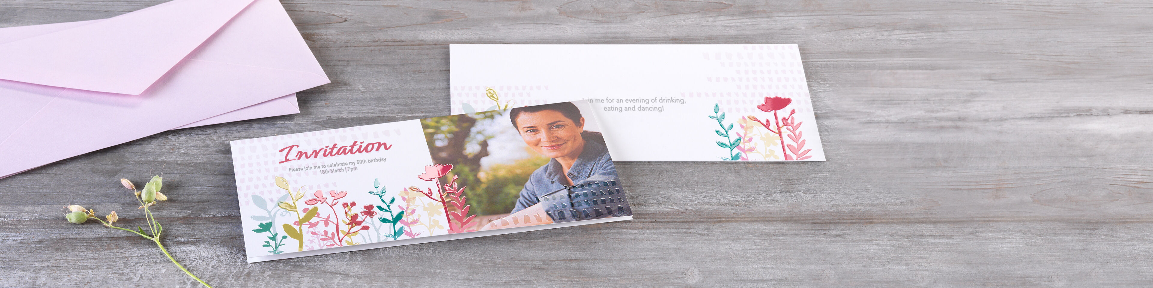 long folded invitation card, personalised with photos and text