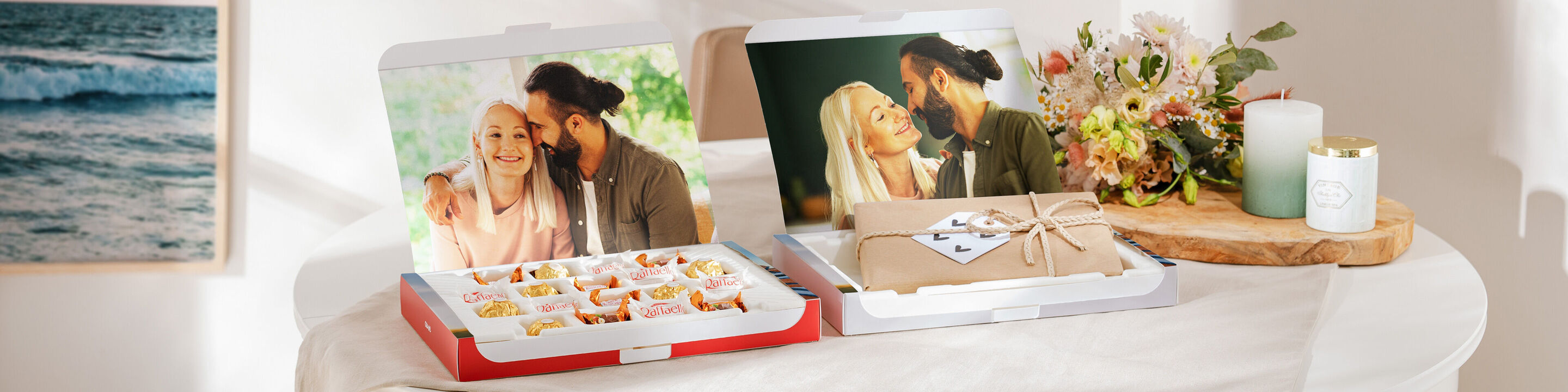 Gift boxes, one filled with chocolates and one ready-to-fill. Both personalised with happy family photos.