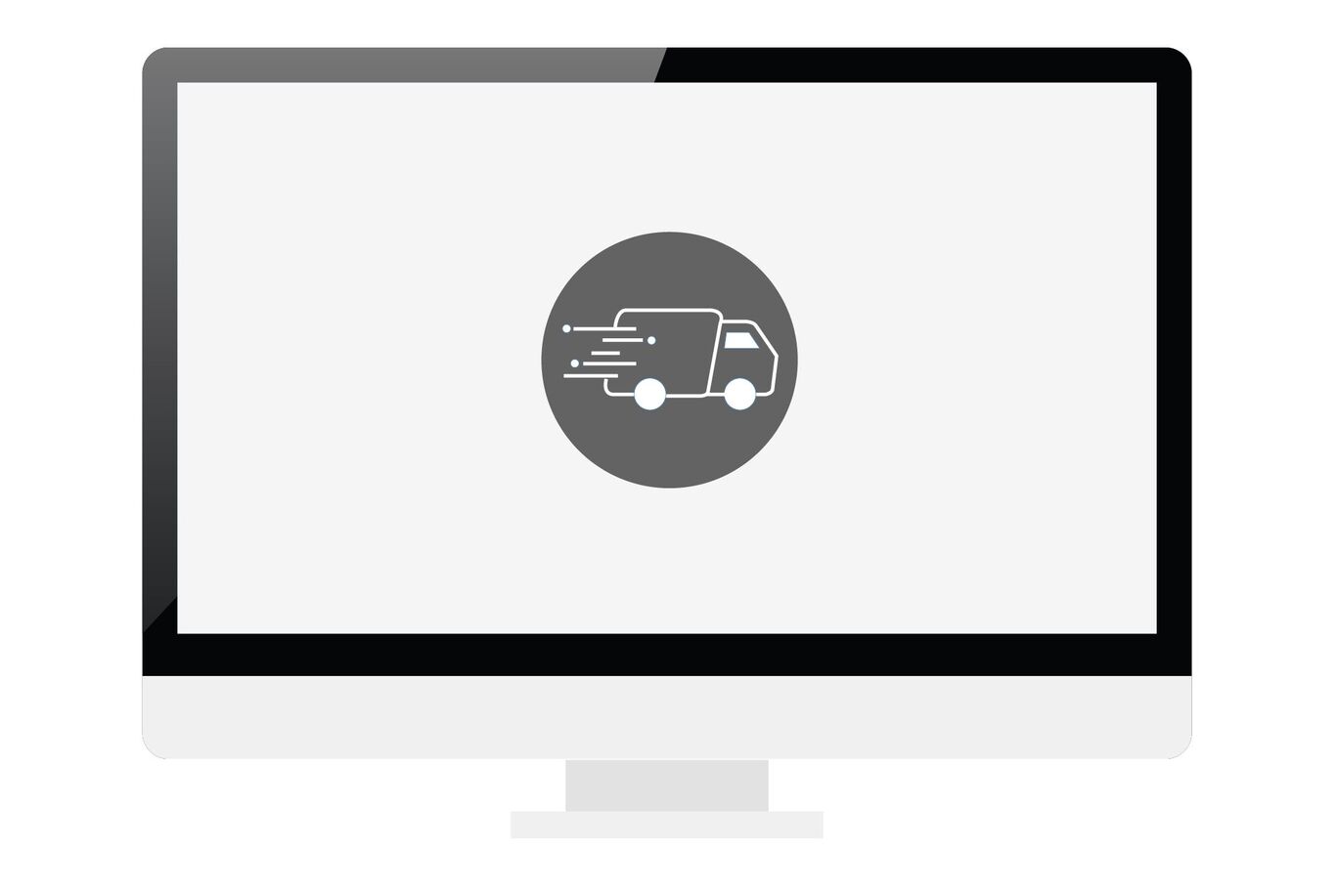 Graphic of a computer with a symbolic delivery van icon in the center, representing fast delivery.