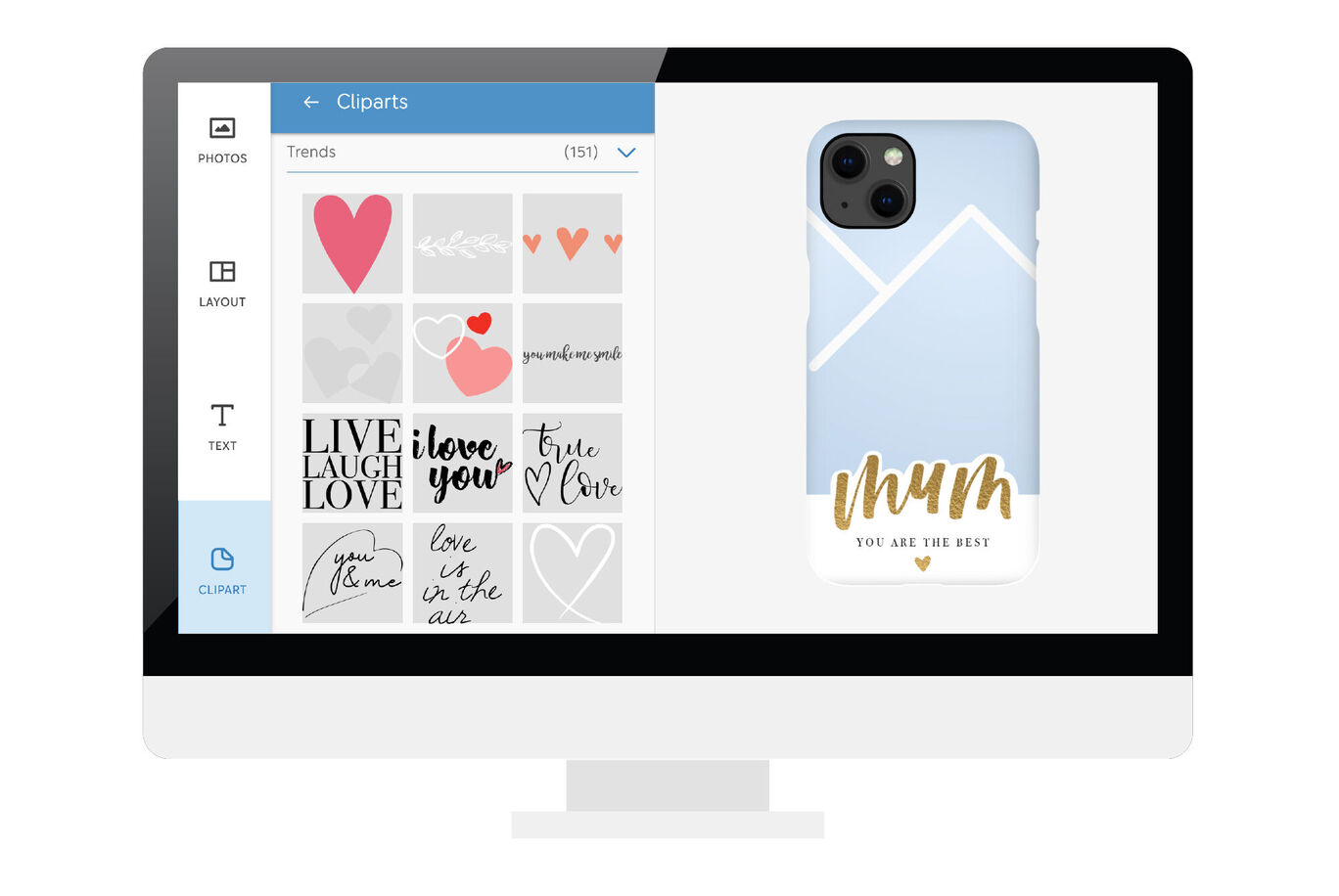 Design of a phone case with the text 'MUM' on a blue background and hearts.