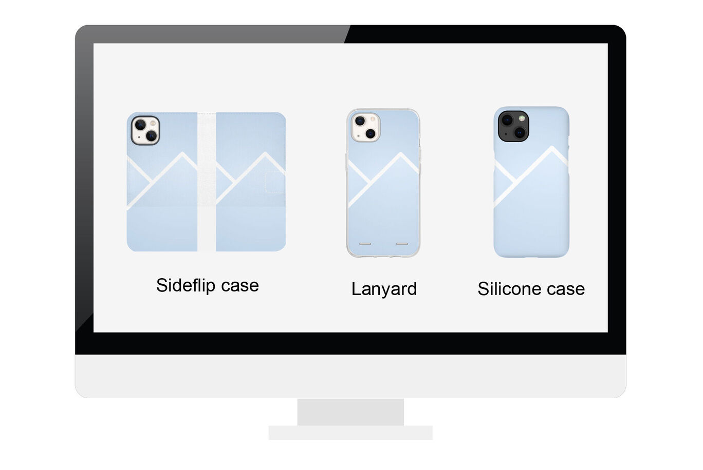 Three different phone cases in blue with a minimalist mountain design on a screen.